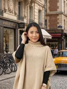 Women's High-Neck Knit Coat, Cape Style, Ideal For Autumn And Winter Looks, Perfect For The Blogger Style. High In The Front And Low In The Back. Pointelle Knit. - 杏色 - 查看 2