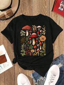 Mushroom Print Graphic T-Shirt, Summer Graphic T-Shirt For Women - Vintage Street Style Unisex Loose Cotton Short Sleeve Crew Neck T-Shirt - 黑色 - 查看 6