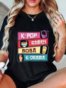 Camisetas de moda para mujer, con motivos de ramen, té con leche y drámas coreanos adorables, perfectas para el verano y disponibles en tallas grandes. - Negro - Ver 1