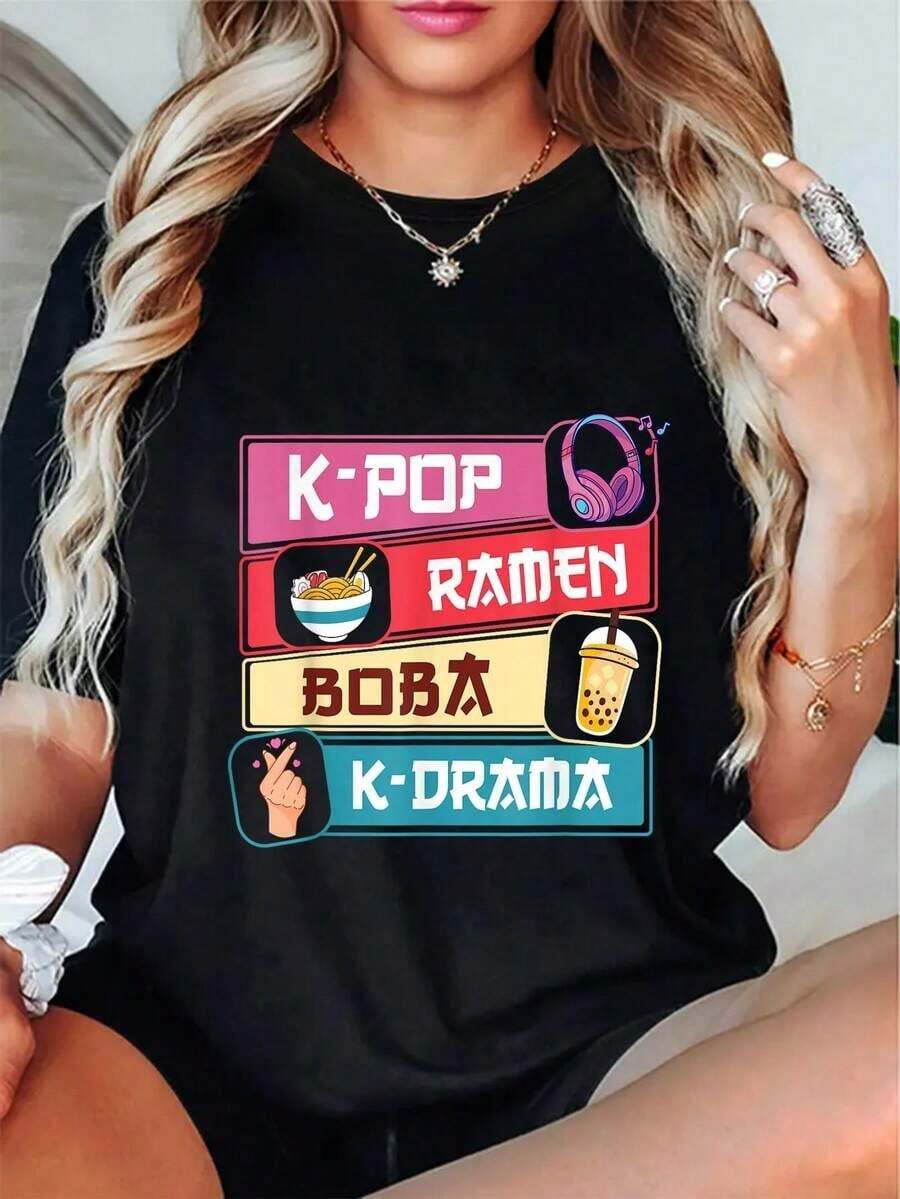 Camisetas de moda para mujer, con motivos de ramen, té con leche y drámas coreanos adorables, perfectas para el verano y disponibles en tallas grandes. - Negro - Ver 1