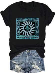 Camiseta de mujer con estampado gráfico de sol, cuello redondo ajustado, camiseta de manga corta a la moda para mujer. - Negro - Ver 1