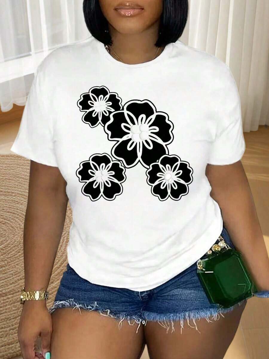 Women's White T-Shirt With Mexican Floral Print, Casual Short Sleeve Top, Fashion Graphic Tee, Summer Outfit, Valentine's Day Gift, Matching Family Cotton T-Shirt - 白色 - 查看 1