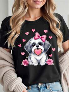Camiseta de Mujer con Estampado de Perro Shih Tzu | Camiseta negra suave y ligera, con un lindo diseño de perro Shih Tzu y corazones y lazos rosados, camiseta casual de cuello redondo para uso diario, un regalo para amantes de los perros, ropa lavable aáquina para amantes de mascotas, camiseta para perros, ropa para exteriores, diseño divertido - Camiseta unisex de algodón suelto de manga corta y cuello redondo, estilo vintage urbano. - Negro - Ver 1