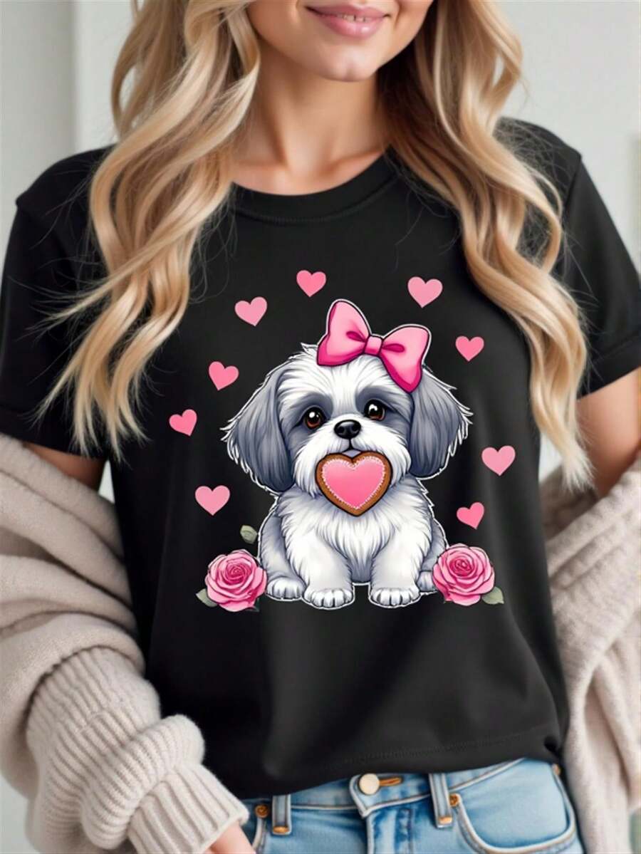 Camiseta de Mujer con Estampado de Perro Shih Tzu | Camiseta negra suave y ligera, con un lindo diseño de perro Shih Tzu y corazones y lazos rosados, camiseta casual de cuello redondo para uso diario, un regalo para amantes de los perros, ropa lavable aáquina para amantes de mascotas, camiseta para perros, ropa para exteriores, diseño divertido - Camiseta unisex de algodón suelto de manga corta y cuello redondo, estilo vintage urbano. - Negro - Ver 1