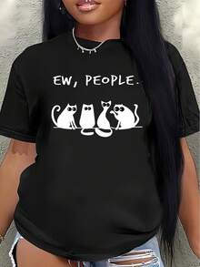 Camiseta de manga corta de poliéster, con diseño de gato y la frase "Uh, humans", ligera y duradera, adecuada para uso casual en casa, en la oficina o en restaurantes, cómoda y de buen ajuste para el uso diario.blusa casual mujer - Negro - Ver 1
