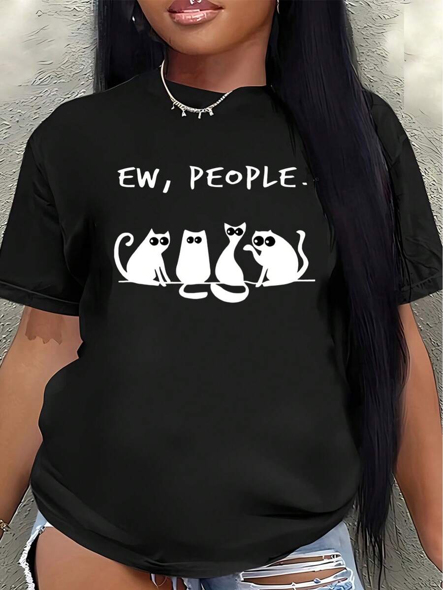 Camiseta de manga corta de poliéster, con diseño de gato y la frase "Uh, humans", ligera y duradera, adecuada para uso casual en casa, en la oficina o en restaurantes, cómoda y de buen ajuste para el uso diario.blusa casual mujer - Negro - Ver 1