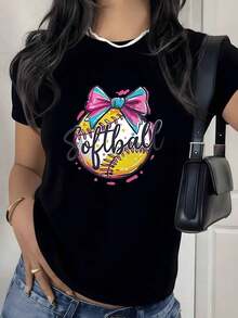 Camiseta con estampado gráfico de arco de softbol, 180g, 1 pieza, para amantes del deporte, camiseta casual de mujer 100% algodón, ropa de calle de verano. - Negro - Ver 1