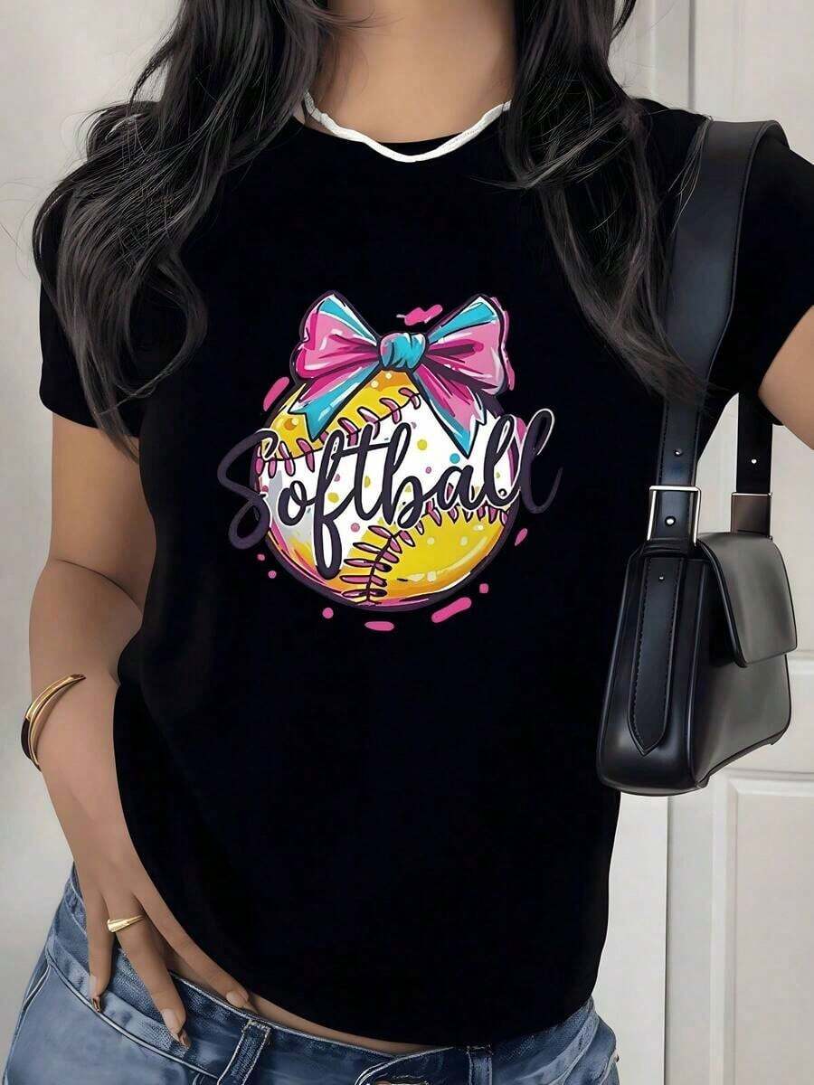 Camiseta con estampado gráfico de arco de softbol, 180g, 1 pieza, para amantes del deporte, camiseta casual de mujer 100% algodón, ropa de calle de verano. - Negro - Ver 1