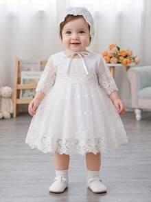 Baby Girl White Christening Dress, Lace Trim Tulle Skirt - White - View 4