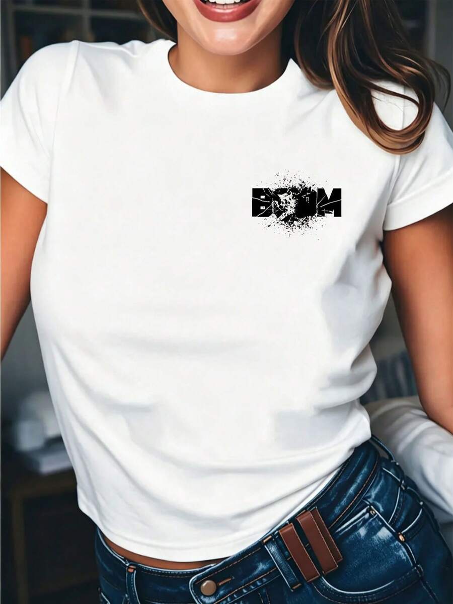 Camiseta blanca de manga corta con cuello redondo y corte regular, estilo casual para mujer. - Blanco - Ver 1
