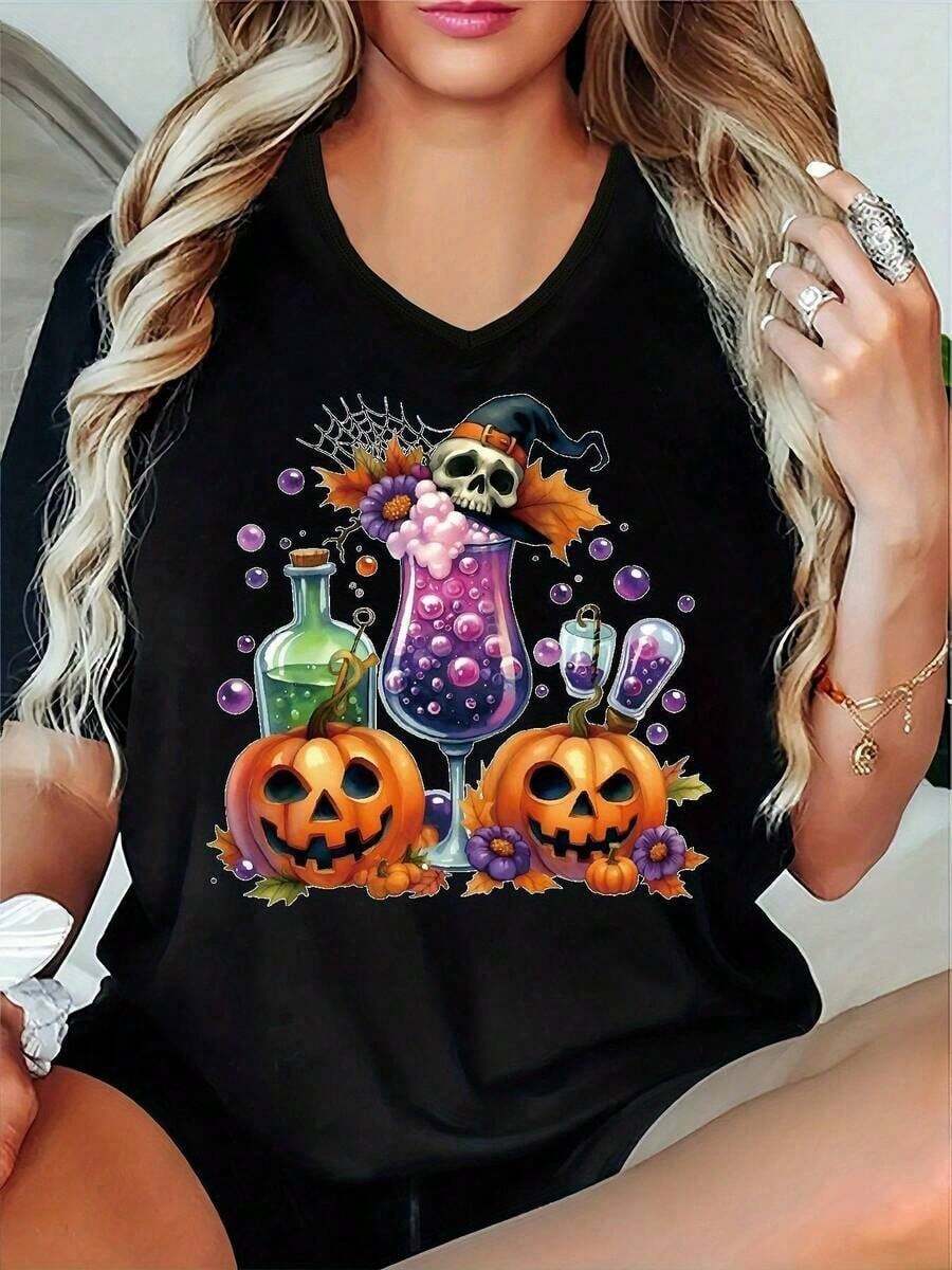 Camiseta negra de brujas Halloween con calabazas y calaveras estampadas para mujer, estilo moderno y festivo, cómoda para fiestas o uso diario. Disponible en tallas de S a XL. Moda casual de temporada, ideal para el otoño. - Negro - Ver 1