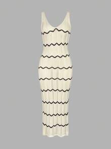Robe nuisette d'été élégante et vintage pour femme, en maille ondulée ajourée, bicolore contrastée. Idéale pour les vacances, la plage et les moments de détente. - Nude - Voir 9