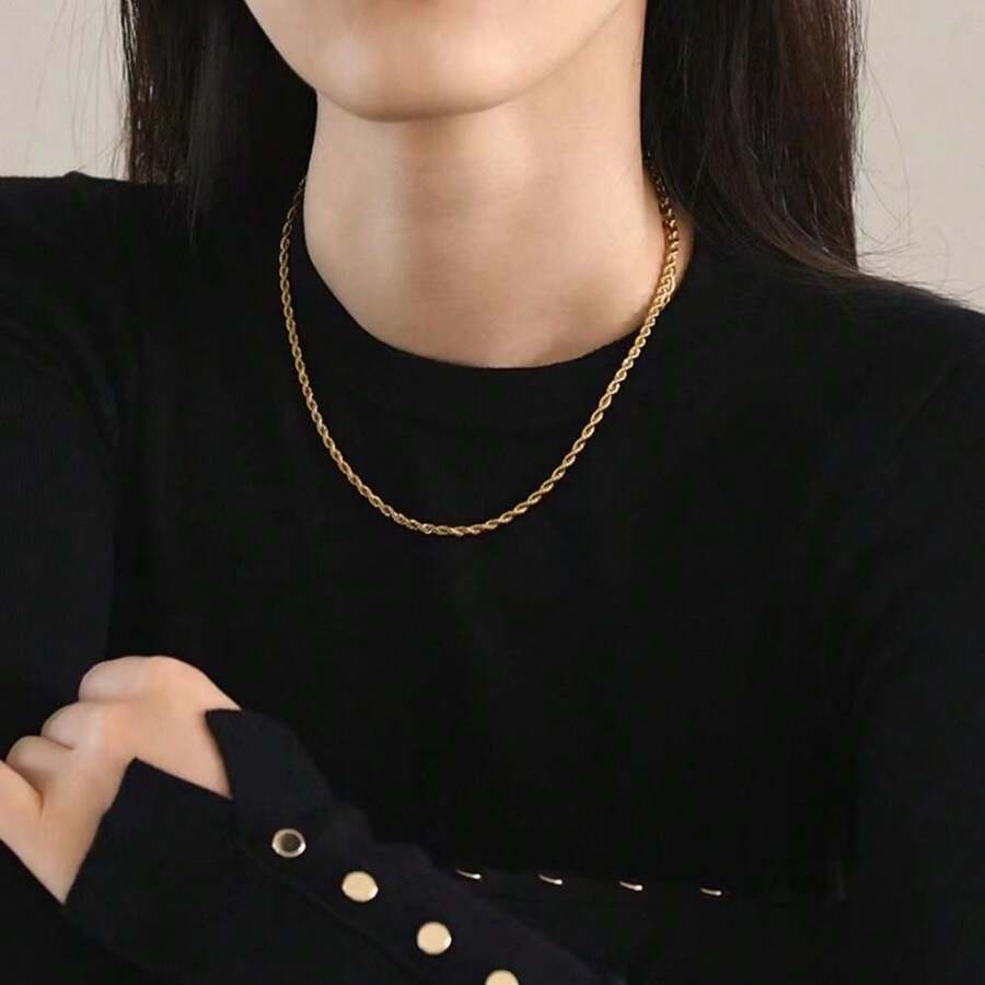 1件奢華金銀扭鍊項鍊，百搭高端耐用配件，適合男女、工作、約會、度假、派對、情侶週年紀念與節日禮物 - 彩色 - 查看 1