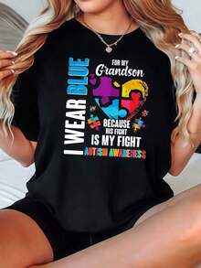 Camiseta de Mujer con Estampado de Concientización sobre el Autismo, Opciones en Blanco y Negro, Diseño de Pieza de Rompecabezas y Texto, Camisetas Gráficas Casuales para Uso Diario, Tops de Verano, Camisetas Gráficas, Conjuntos de Verano, Camisetas Cortas para Mujer, Ropa Linda de Algodón Vintage para Mujer, Playera Holgada para Mujer - Negro - Ver 7