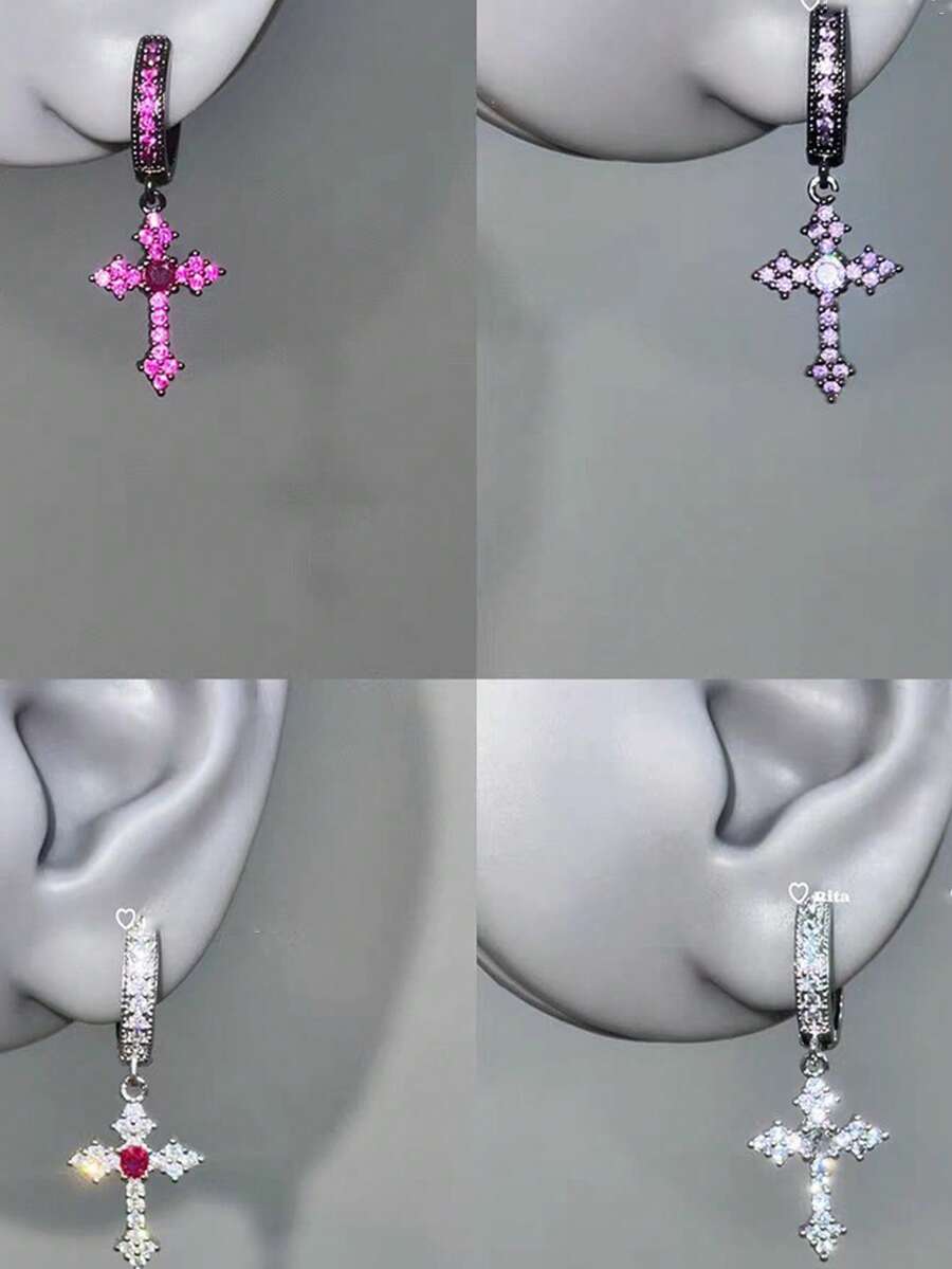 1 pieza Pendiente de aro con cruz de cristal de colores vintage, pendiente de estilo gótico sofisticado y exclusivo - Multicolor - Ver 1
