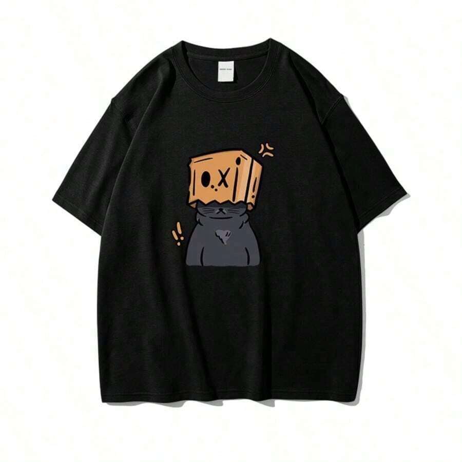 COOL SUMMER Cute Short Sleeve Cotton T-Shirt With And Print, Anime Style, Cartoon Fashion For Women And Girls, Kawaii Top | Exquisite Design | Loose And Comfortable | Easy To Match | - 黑色 7 - 查看 1