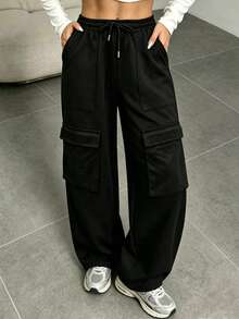 Women's Casual Solid Color Straight Leg Pants With Pockets, Suitable For Daily Wear Women's Spring/Summer Sports/Work Pants - Black - View 3