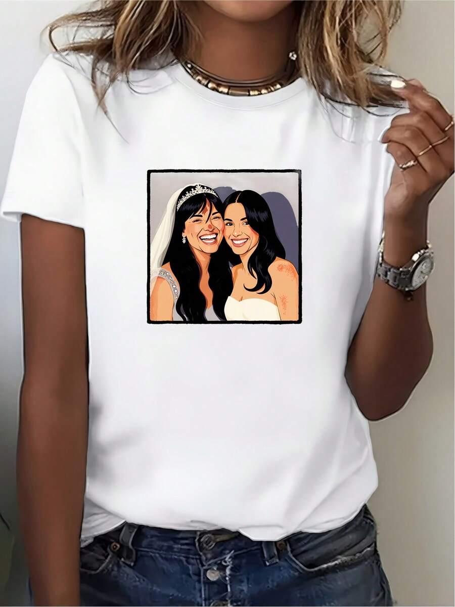 Camiseta de dibujos animados para novias, regalo perfecto para fiestas de damas de honor, atuendo divertido para bodas, adecuada para celebraciones familiares. Top cómodo y versátil de manga corta. - Blanco - Ver 1