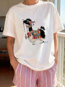 Camiseta de manga corta para mujer, 1 pieza, camiseta casual para mujer, primavera verano, manga corta, cuello redondo, estampado gráfico de dibujos animados, El gato está a cargo, yo soy la mamá, estilo diario, salida diaria, regalo de vacaciones. - Blanco - Ver 12