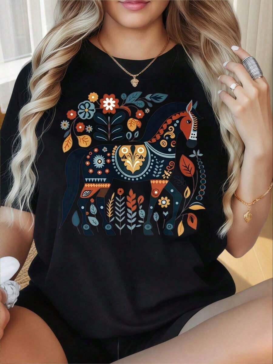 Camiseta de Mujer con Cuello Redondo y Mangas Cortas, Divertida Camiseta con Estampado de Diseño Floral y Caballos Coloridos, Top Casual de Mujer Estilo Boho, Camiseta Gráfica de Moda de Verano, Adecuada para el Día de San Valentín, Fiestas de Navidad, Actividades Deportivas, Fiestas de Vacaciones, Salidas, Deportes y Otros Regalos Festivos. Puro Algodón - Negro - Ver 1