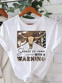 Camiseta con estampado de vaca, cuernos y debería haber venido con un eslogan de advertencia. | Camisa de manga corta estilo vaquera del oeste, regalo de Halloween y Navidad, estilo casual urbano suave y cómodo, diseño de cabeza de vaca en dos colores blanco y marrón, cuello redondo, tela ligeramente elástica, ropa de verano para mujer, atuendos de Pascua para mujer, atuendos de regalo para el Día de la Madre, camiseta gráfica divertida de talla grande para mujer. blusa casual mujer  playeras de mujer algodon - Blanco - Ver 7