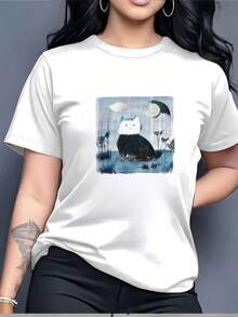 Camiseta clásica con estampado de gato para mujer - Top cómodo y versátil de manga corta. - Blanco - Ver 7