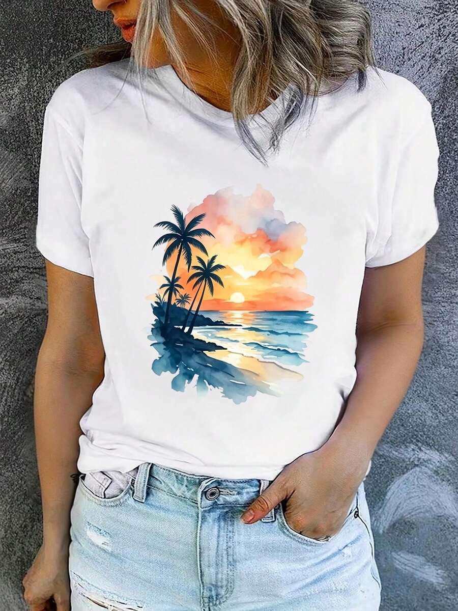 Camiseta de manga corta con cuello redondo para mujer, estampada, moderna y casual, lavable a máquina, ajuste cómodo, estampado plano 2D Blusas Para Mujer Casual. - Blanco_10 - Ver 1