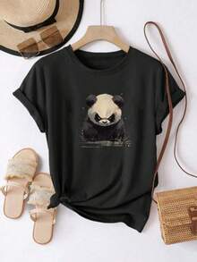 ¡Oferta por tiempo limitado, unidades limitadas,  relámpago! Camisas casuales para mujer, camisetas de poliéster para mujer, camisas elegantes. Camiseta de manga corta estampada para mujer, casual, moderna, a la moda, con personalidad única, con estampado audaz de panda, estilo urbano, adecuada para primavera, verano y otoño - Negro - Ver 8
