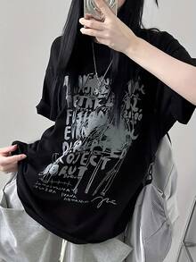 Camiseta de manga corta con estampado de letras Y2K para mujer, top holgado de estilo Ins para verano - Negro - Ver 11