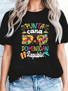 1 PcsWomen'S Tropical Punta Cana Dominican Republic Graphic T Shirt Soft Vacation Tee With Palm Trees & Beach Design, All Season Casual Shirt For Travel Souvenir Everyday Summer Outfits (Sizes S 2XL180g Cotton 100% - 黑色 3 - 查看 3