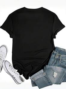 Camiseta de Mujer 100% Algodón Puro, Estilo Bohemio, con Estampado Floral Artístico, Casual, Básica, de Manga Corta, a la Moda. Camiseta de Mujer con Patrón Vintage Bohemio, 100% Algodón, Suave, Transpirable, Cuello Redondo, Manga Corta, Estilo Boho Urbano. - Negro - Ver 3