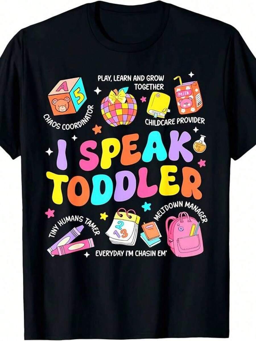Camiseta informal holgadaMen'S & Women'S Teacher Pre-K Back To School T-Shirt - Happy First Day Of School Graphic Tee With I Speak Toddler Design, Chalkboard Print & Classroom Decorations - 220gsm Heavyweight Pure Short Sleeve Shirt For Preschool Teachers, S-4XL Sizes,Camiseta estampada de verano, cuello redondo, informal y versátil, ideal para el día a día, viajes o vacaciones, apta para niños, niñas y adolescentes, diseño unisex. - Negro - Ver 1