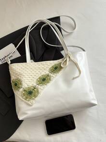 1pc Women's Casual Tote Bag, Large Capacity Shoulder Bag, Fashionable Shopping Bag, Minimalist Nylon Fabric Handbag, Lightweight Leisure Tote Bag, Lace Applique Small Shoulder Tote Bag, Ideal For Commuting, Mother's Day Gift, Shoulder Bag, Underarm Bag - Beige - View 9