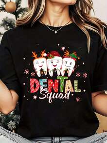 Women's Christmas Tooth Print T-Shirt With Santa Hat And Reindeer Antlers, Round Neck, Casual Daily Wear, Soft And Comfortable, Christmas Theme, 220g, Loose Fit T-Shirt For Women - 黑色 - 查看 1