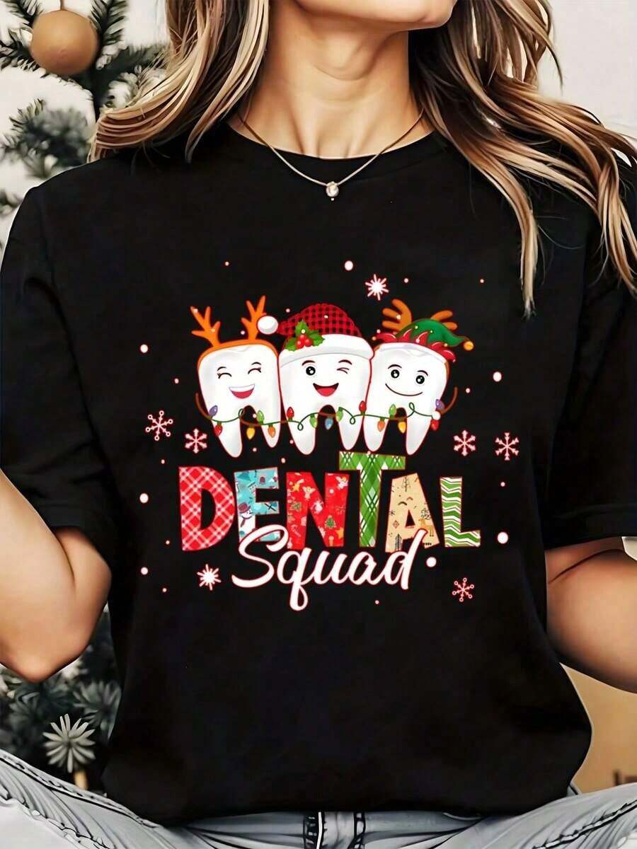 Women's Christmas Tooth Print T-Shirt With Santa Hat And Reindeer Antlers, Round Neck, Casual Daily Wear, Soft And Comfortable, Christmas Theme, 220g, Loose Fit T-Shirt For Women - 黑色 - 查看 1