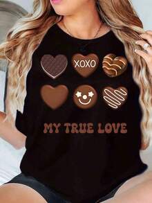 Camiseta Vintage de Algodón para Mujer, Estampado Corazones de Chocolate Xoxo Mi Verdadero Amor, Cuello Redondo, Manga Corta, Top Casual para el Día de San Valentín, 220g, para Uso Diario - Negro - Ver 7