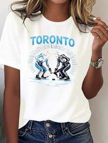 Camiseta de algodón de estilo casual para mujer - Camiseta con temática de hockey de Toronto, diseño de jugador de hockey con calavera y letras llamativas, ropa% casual para fanáticos del hockey de Toronto. Estilo versátil adecuado para el verano. - Blanco - Ver 7