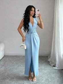 Elegante vestido con cuello en V plisado, cintura ceñida y abertura, sexy y elegante, adecuado para uso diario y vacaciones, azul claro, primavera/verano - Celeste - Ver 7