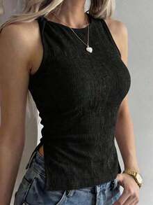 Camiseta de tirantes casual de mujer con cuello redondo y bajo con abertura lateral de unicolor - Negro - Ver 4