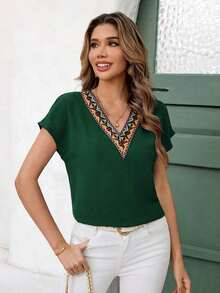 Blusa de mangas dolman con encaje de guipur de contraste, blusas de manga corta - Verde Oscuro - Ver 6