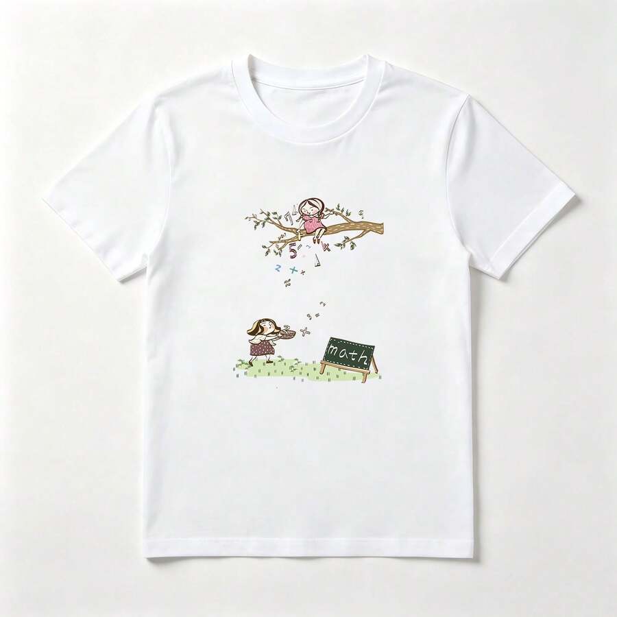 Niñas en el Árbol Playera de Algodón Blanca con Dibujo de Matemáticas - Blanco - Ver 1
