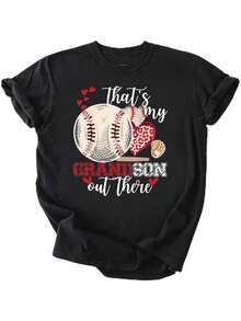 That's My Grandson Out There, Grandmother's Day Baseball T-Shirt, Printed T-Shirt, Casual Crew Neck Short Sleeve Comfortable Spring Summer T-Shirt, Y2Y1, Women's Clothing - 黑色 - 查看 4