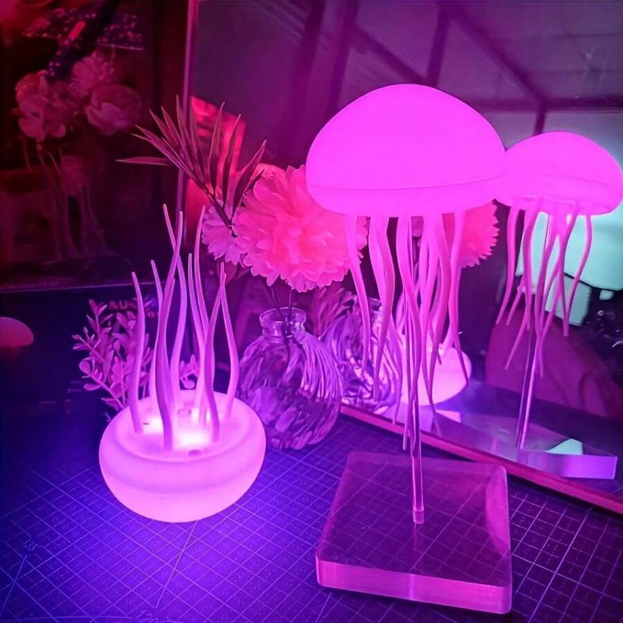 卡通跳舞水母渐变RGB灯,可爱水母床头灯带声控功能,USB充电LED夜灯 - 白色 - 查看 1