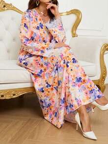 Abaya árabe con estampado floral y ribete de encaje para mujer, para vacaciones - Multicolor - Ver 5
