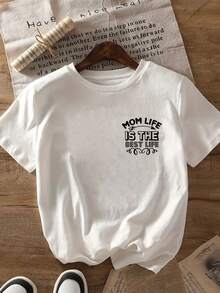 Camiseta de manga corta con estampado frontal y trasero, estampado con fuente vintage, camiseta casual de mujer única y a la moda, top casual de manga corta con cuello redondo, adecuada para verano y primavera, ropa de mujer 100% algodón. - Blanco - Ver 3