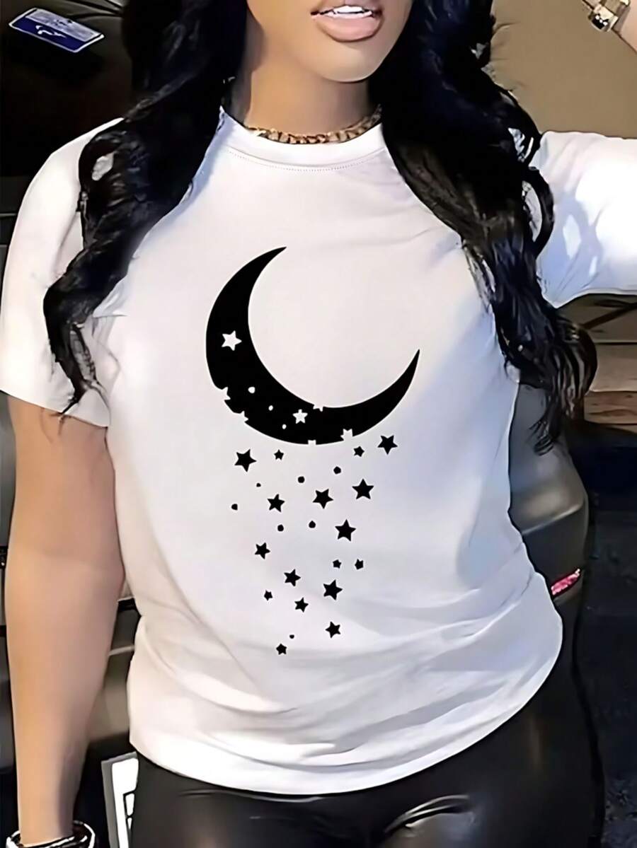 Camiseta unisex de manga corta con estampado de estrellas y luna, apta para todas las temporadas, ideal para usar en vacaciones de playa - Blanco - Ver 1