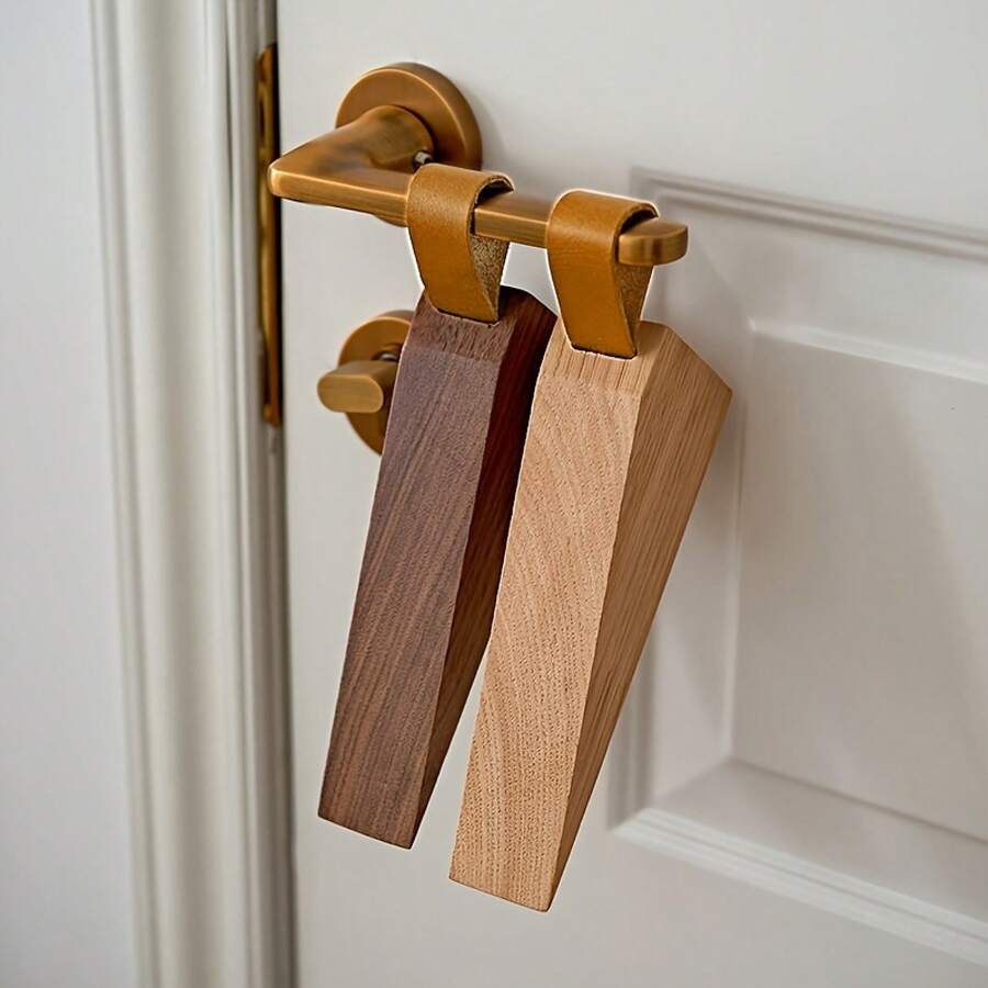 2pcs Solid Wood Door Stopper, Heightened Creative Anti-Slam Door Wedge For Bedroom, Movable Over-The-Top Wooden Anti-Collision Door Bumper With Non-Slip Pad At The Bottom - 2 Wood Colors - View 1