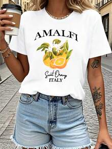 Camiseta de mujer con diseño direccional, color naranja Amalfi y estampado de letras con texto italiano, talla real - Blanco - Ver 1
