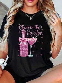 Camiseta CasualWos para Celebración de Año Nuevo, Negra con Letras Rizadas Rosadas, Diseño de Copa de Cóctel, Cuello Redondo Cómodo, Atuendo Casual para Fiesta, Ideal para la Noche de Año Nuevo, para Mujeres - Negro - Ver 7