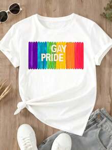 Gay Pride Rainbow Print T-Shirt, Casual Wear For Everyday Use And Sports Activities - Vintage Urban Style, Unisex, Cotton, Short Sleeve, Round Neck, 100% Cotton - 白色 - 查看 3